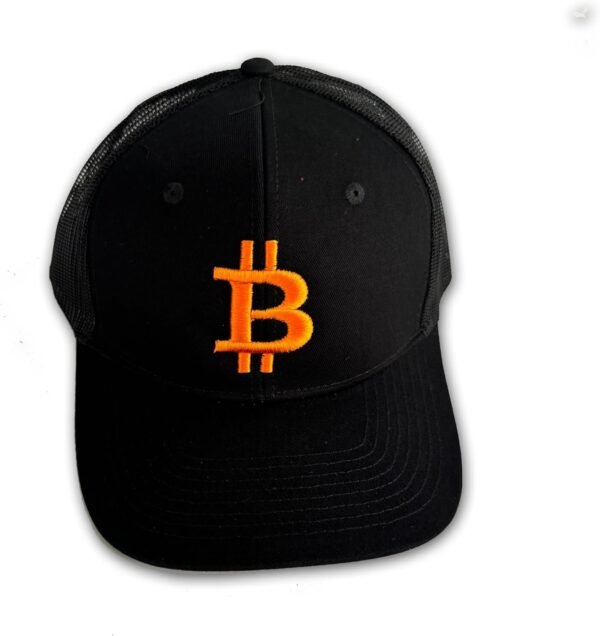 Bitcoin High Profile Trucker Baseball Cap Black Cotton Twill Polyester Mesh 3D Puff Embroidery (Orange Embroidery) - Image 3