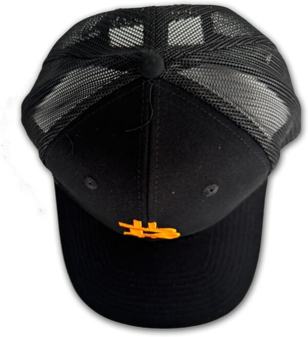 Bitcoin High Profile Trucker Baseball Cap Black Cotton Twill Polyester Mesh 3D Puff Embroidery (Orange Embroidery) - Image 5