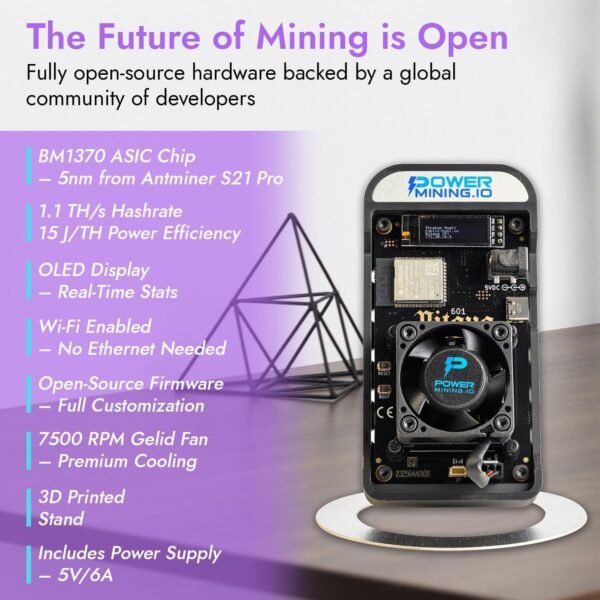 Bitaxe Gamma 601 ASIC Bitcoin Miner | 1.1 TH/s @ 18W | BM1370 Chip (Antminer S21 Pro) | Wi-Fi | USB-C | AxeOS | Open Source | Made in Europe | Incl. Power Supply & Stand - Image 4