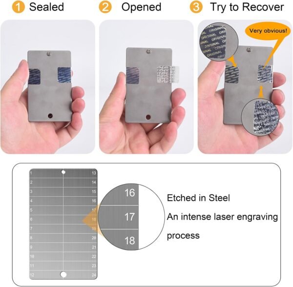 Titanium Crypto Seed Phrase Storage, Bitcoin Seed Plates, Fireproof Waterproof Recovery Backup, 2 Metal Seed Phrase Plates and Security Seals - Image 5