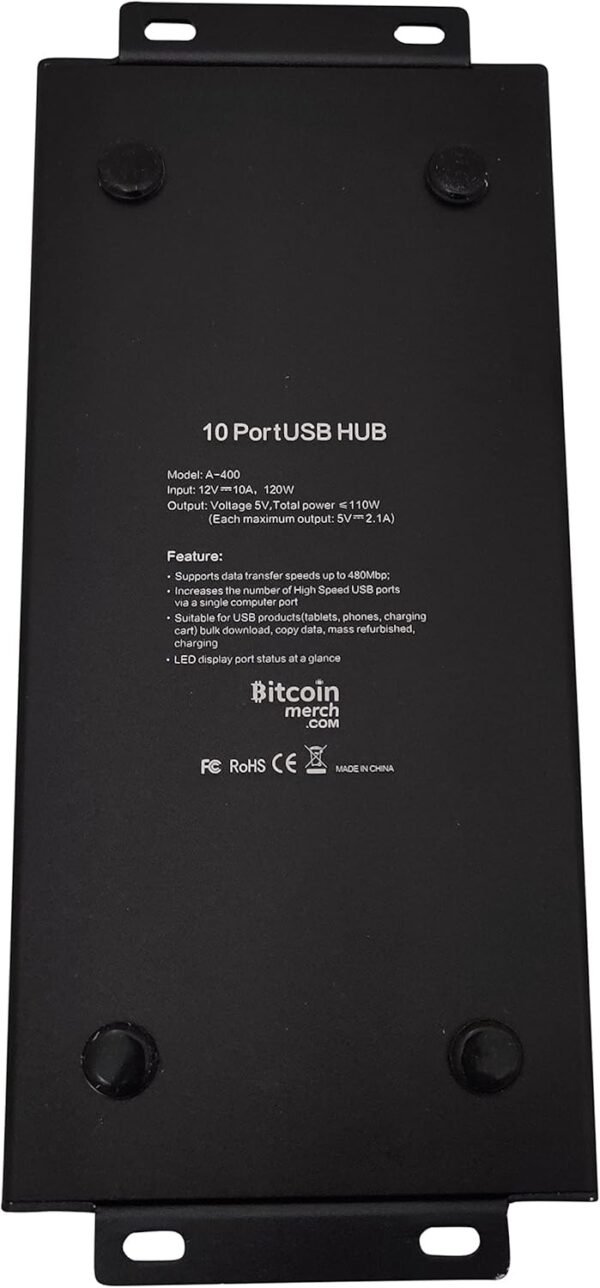 BitcoinMerch.com - 10 Port USB Hub 120W Powered USB 2.0 Charging Hub 12V 10A PSU for NewpPac, Antminer, Moonlander - Image 5