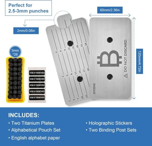 Stainless Steel Seed Phrase Storage Kit - 2.36"x4.72" Metal Backup Plates + Stamping Tools, Bitcoin & Crypto Wallet Cold Storage, Tamper-Evident Design (2-Plates) (Alphabetic Punch Set) - Image 3