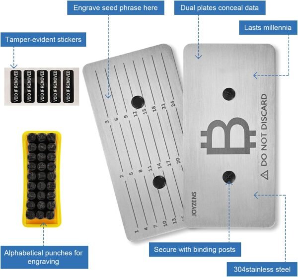 Stainless Steel Seed Phrase Storage Kit - 2.36"x4.72" Metal Backup Plates + Stamping Tools, Bitcoin & Crypto Wallet Cold Storage, Tamper-Evident Design (2-Plates) (Alphabetic Punch Set) - Image 4