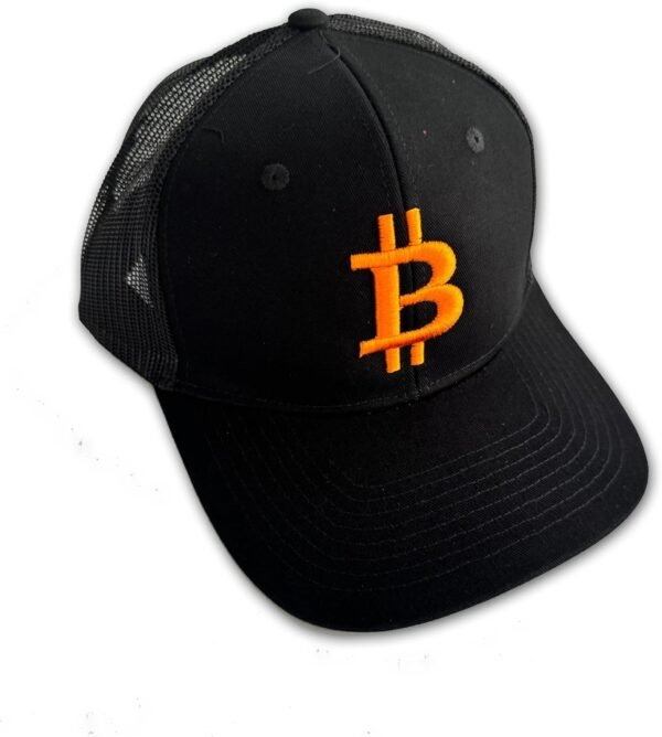 Bitcoin High Profile Trucker Baseball Cap Black Cotton Twill Polyester Mesh 3D Puff Embroidery (Orange Embroidery) - Image 2