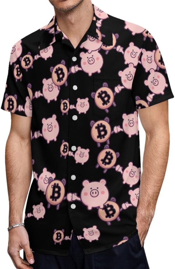 Bitcoin Piggy Banker Hawaiian Shirt for Men Short Sleeve Button Down Shirts Beach Top - Image 2