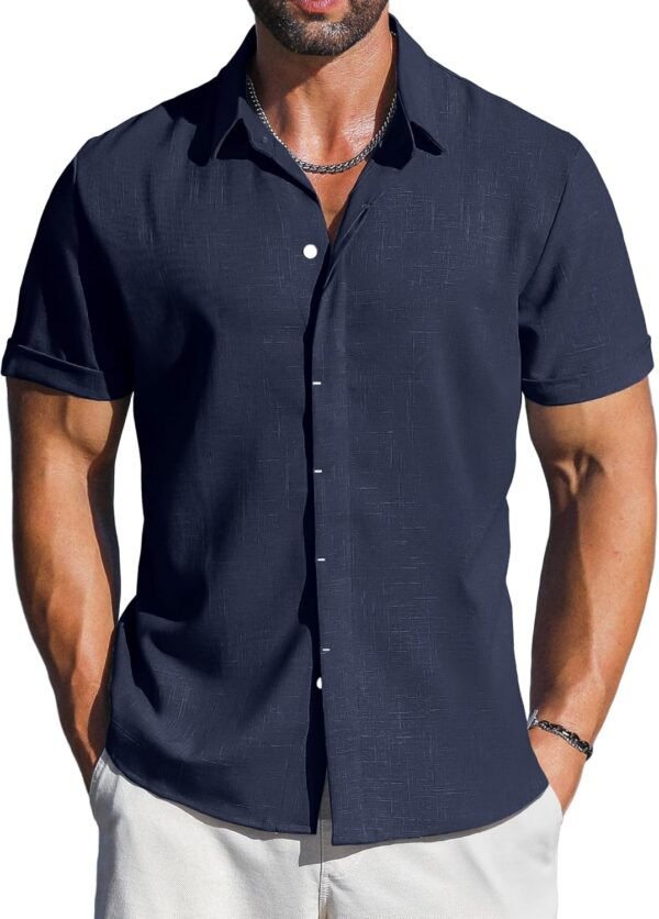 LETSEE Linen Shirts for Men Short Sleeve Button Down Dress Casual Shirt Beach Summer Wedding Hawaiian Outfit - Image 2