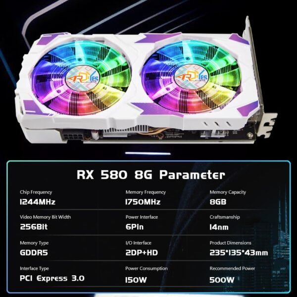 RX 580 8G Graphic Cards (with RGB Fans) Gaming Gpu Card, Real 8GB, 2048SP, GDDR5, 256 Bit, Pc Gaming Video Card, 2XDP, HDMI, PCI Express 3.0,Freeze Fan Stop for Computer - Image 3