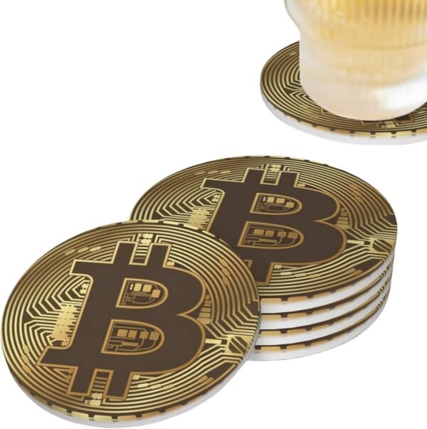 Bitcoin BTC Crypto Currency Coasters for Drinks Set of 4, Absorbent Ceramic Drink Coasters for Coffee Table Wooden Table Cup Bar, 4 Inches - Image 2