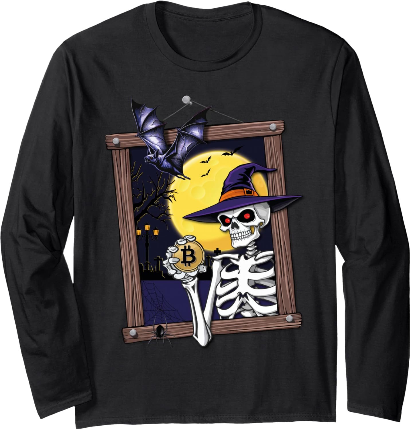 Funny Bitcoin Halloween Skeleton Spooky Crypto Long Sleeve T-Shirt 2 Funny Bitcoin Halloween Skeleton Spooky Crypto Long Sleeve T-Shirt - Image 2