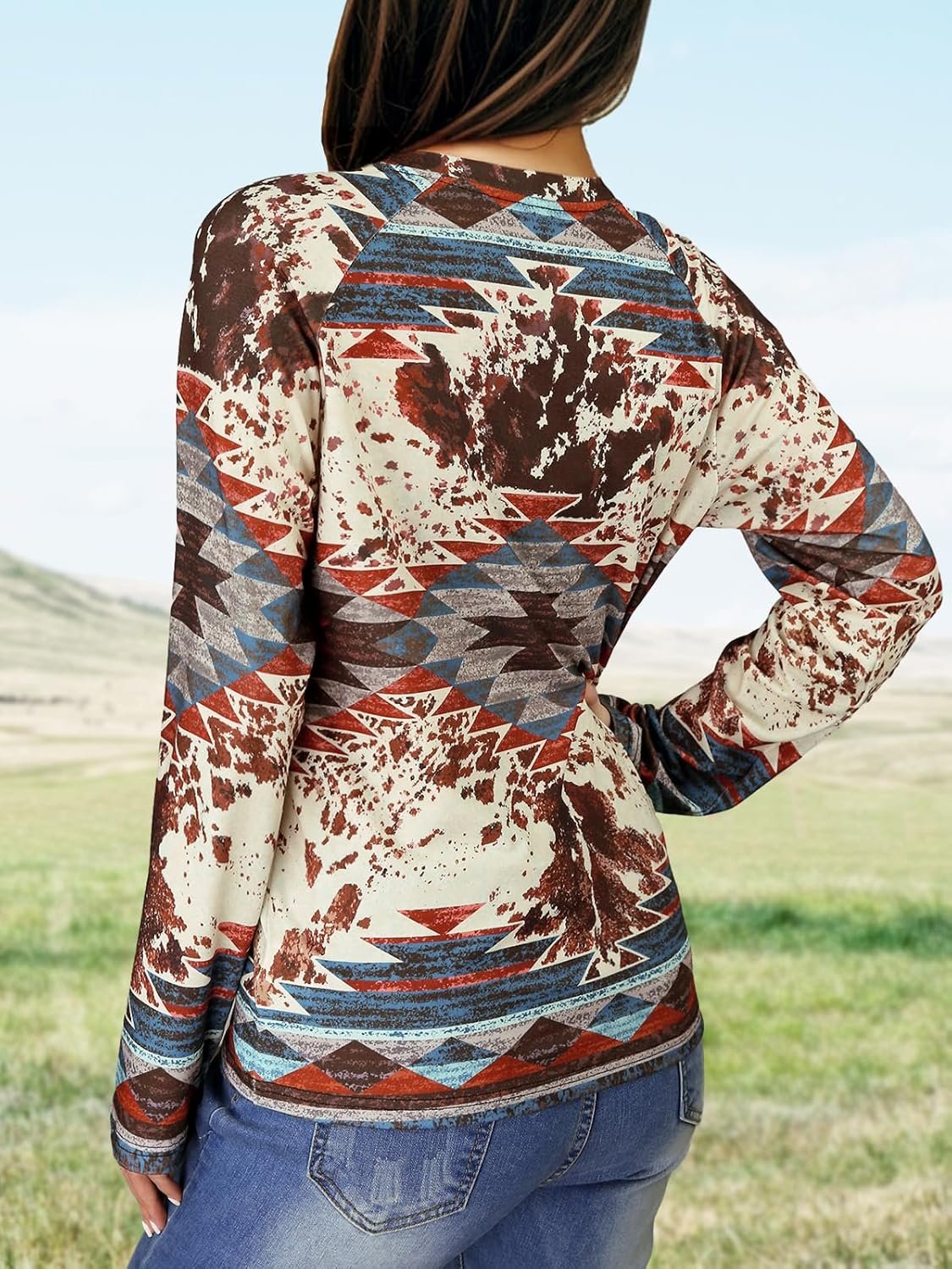 Bellelily Womens Long Sleeve T Shirts Aztec Cow Print Western Henley Tops Ladies Graphic Tees Casual V Neck Loose Fit Blouse 3 Bellelily Womens Long Sleeve T Shirts Aztec Cow Print Western Henley Tops Ladies Graphic Tees Casual V Neck Loose Fit Blouse - Image 3