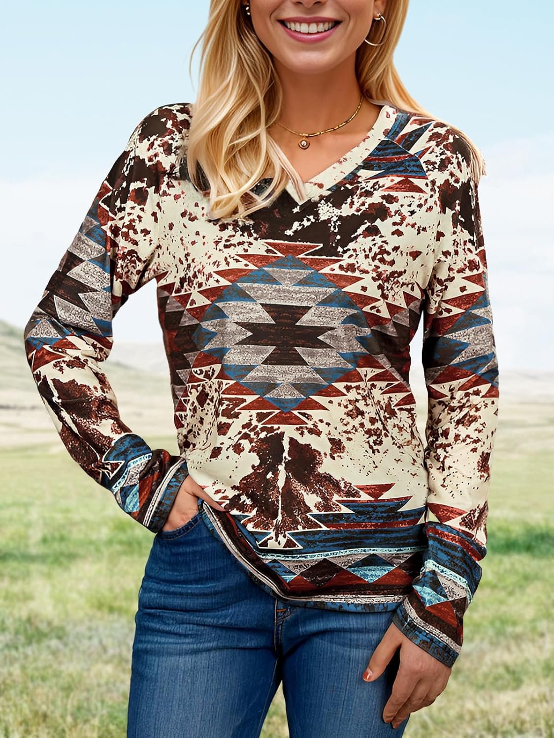 Bellelily Womens Long Sleeve T Shirts Aztec Cow Print Western Henley Tops Ladies Graphic Tees Casual V Neck Loose Fit Blouse 5 Bellelily Womens Long Sleeve T Shirts Aztec Cow Print Western Henley Tops Ladies Graphic Tees Casual V Neck Loose Fit Blouse - Image 5