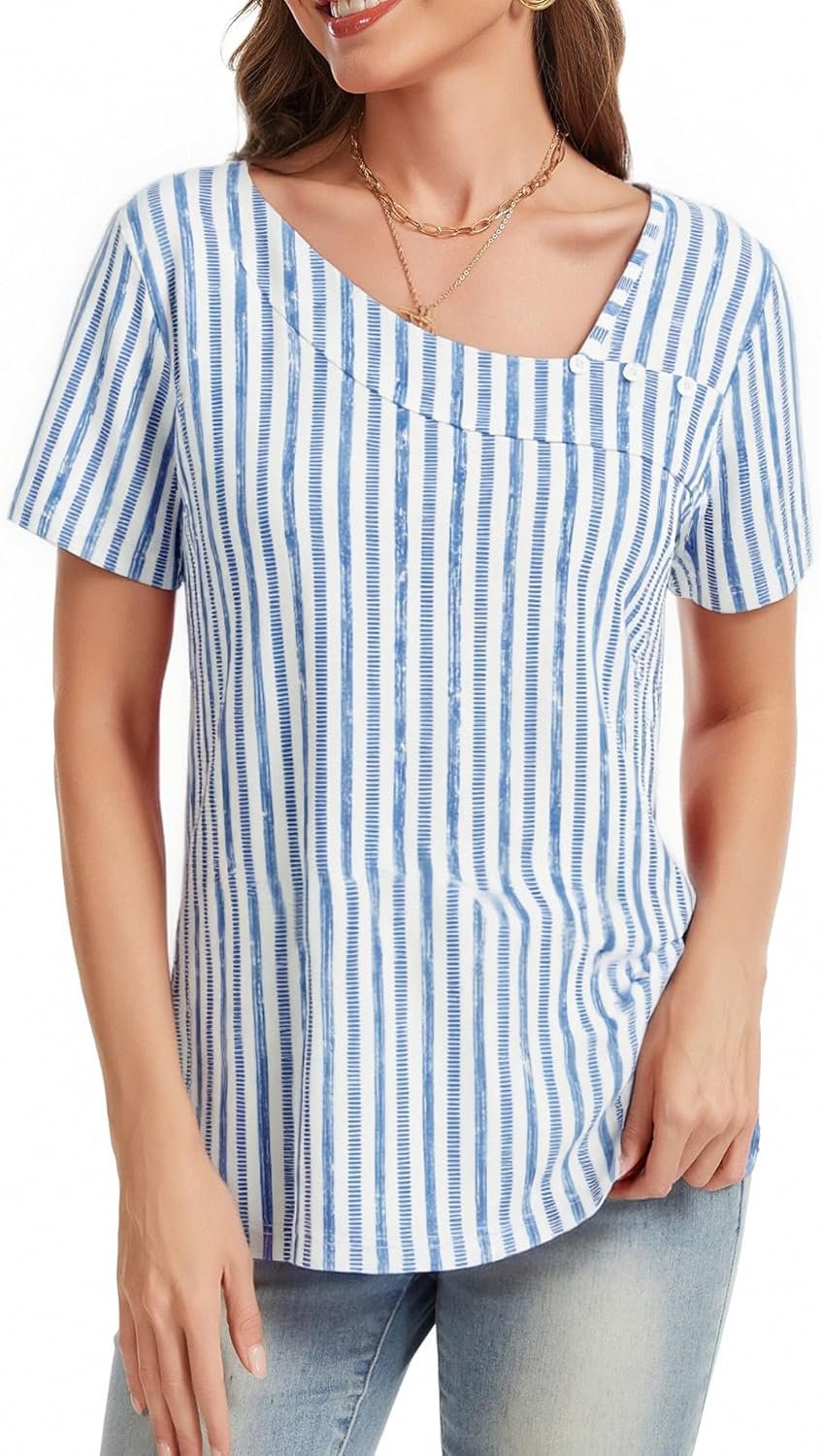 Short Sleeve Shirts for Women Tunic Tops Asymmetric Square Neck with Decorative Buttons Loose Fit Summer Casual 6 Short Sleeve Shirts for Women Tunic Tops Asymmetric Square Neck with Decorative Buttons Loose Fit Summer Casual - Image 6