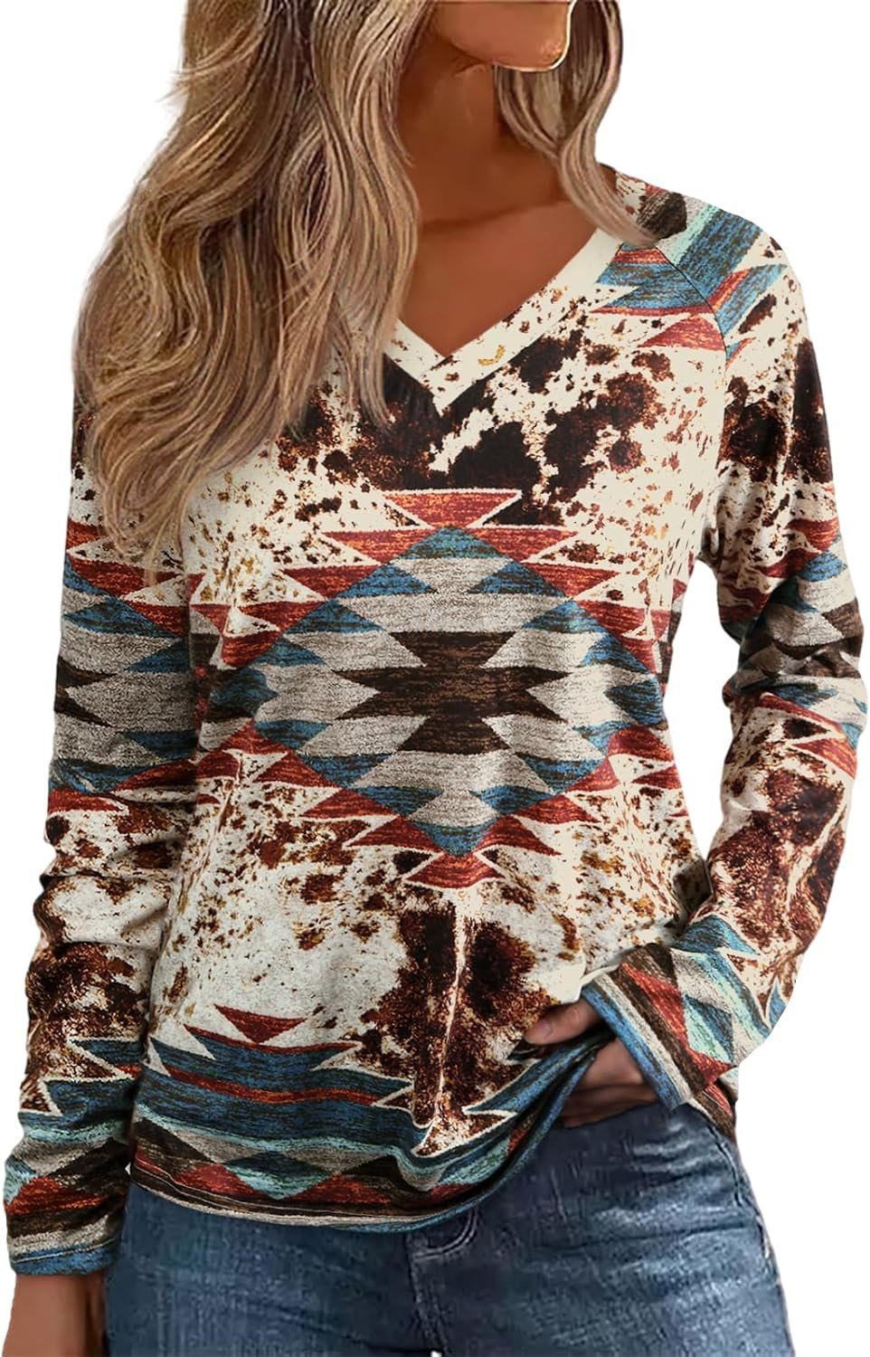 Bellelily Womens Long Sleeve T Shirts Aztec Cow Print Western Henley Tops Ladies Graphic Tees Casual V Neck Loose Fit Blouse 2 Bellelily Womens Long Sleeve T Shirts Aztec Cow Print Western Henley Tops Ladies Graphic Tees Casual V Neck Loose Fit Blouse - Image 2