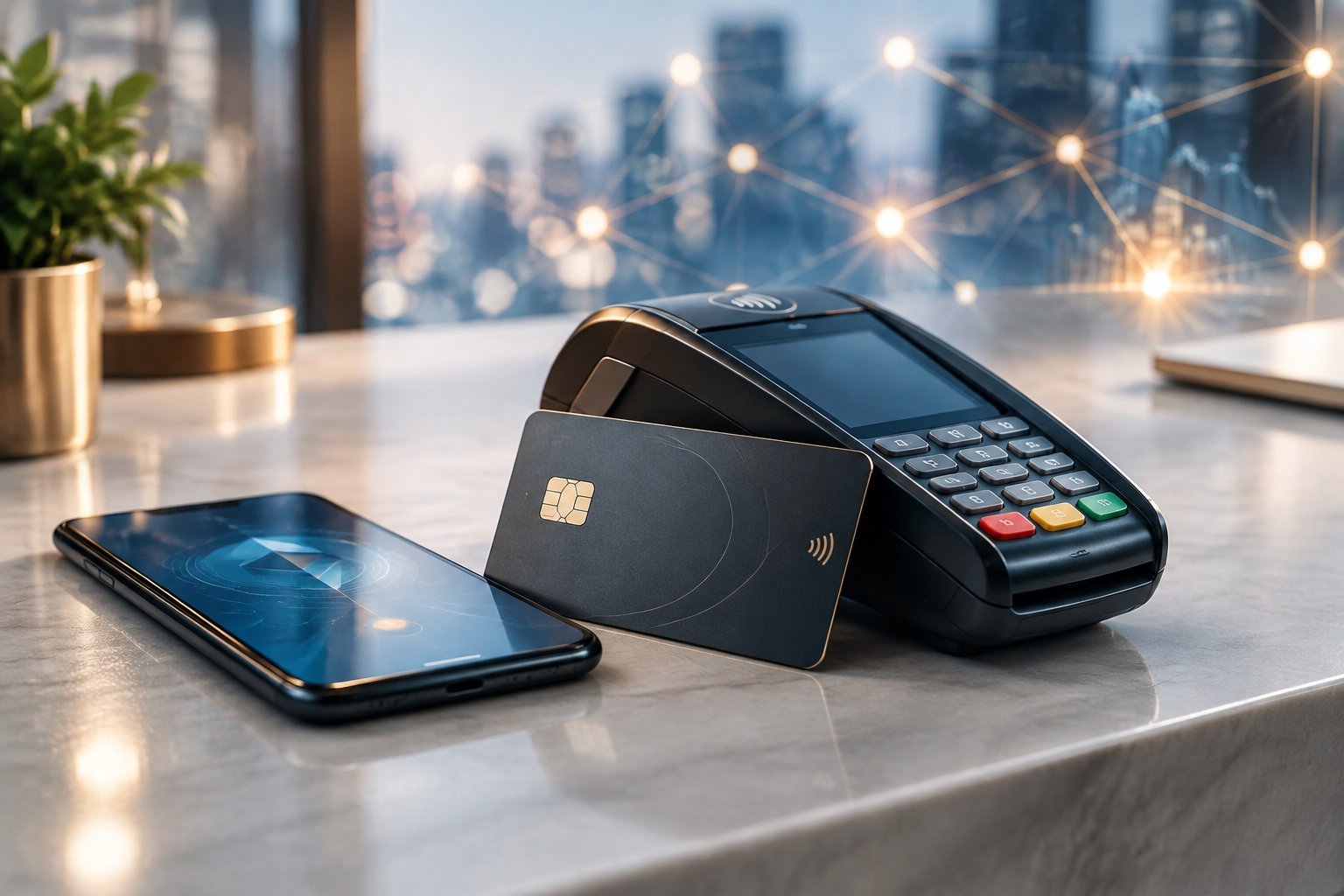 Bitcoin card infrastructure illustrated by a payment card, contactless terminal, smartphone and digital payment network.