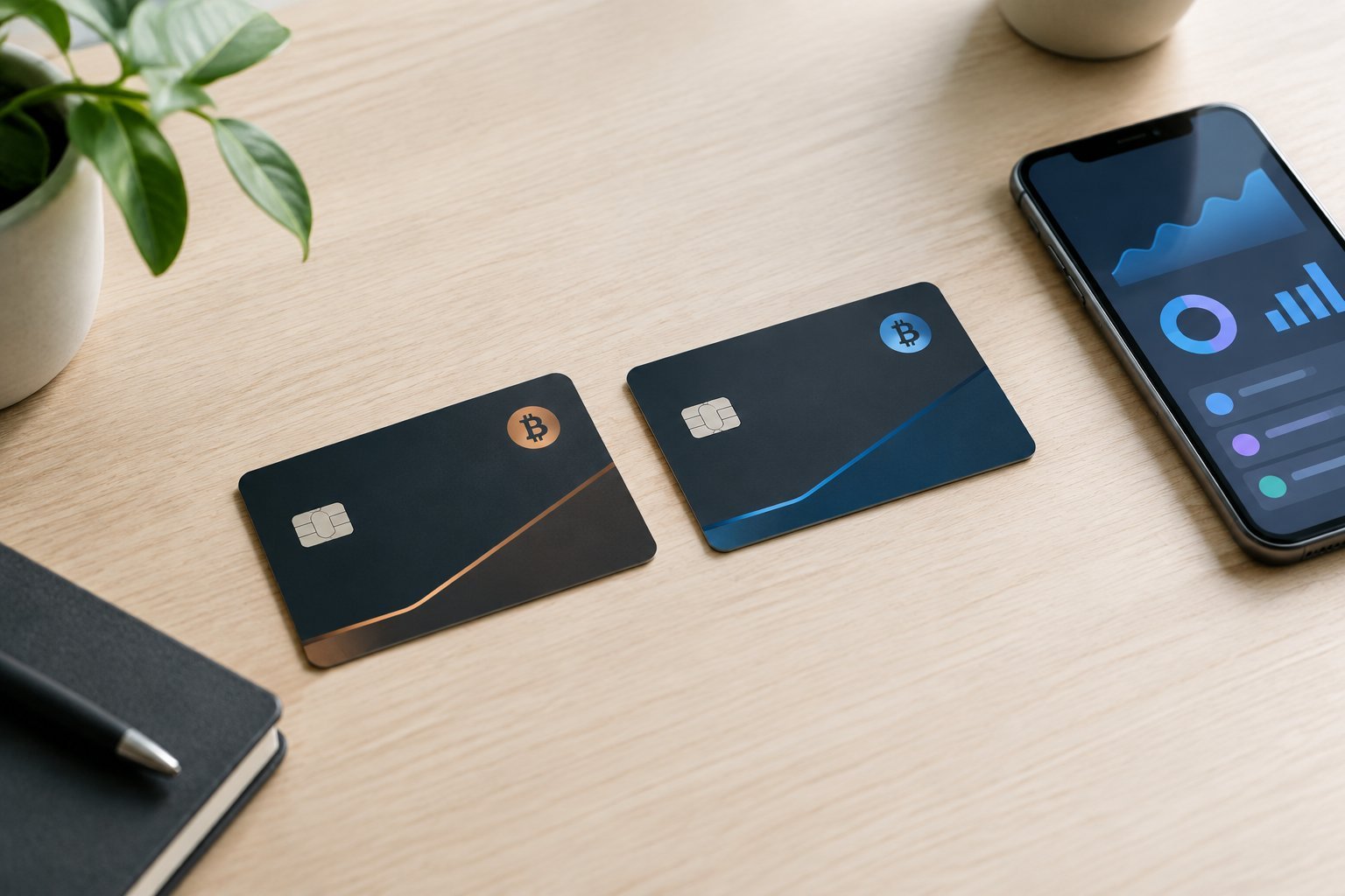 Bitcoin debit vs credit cards illustrated by two Bitcoin-linked payment cards beside a smartphone displaying financial analytics.