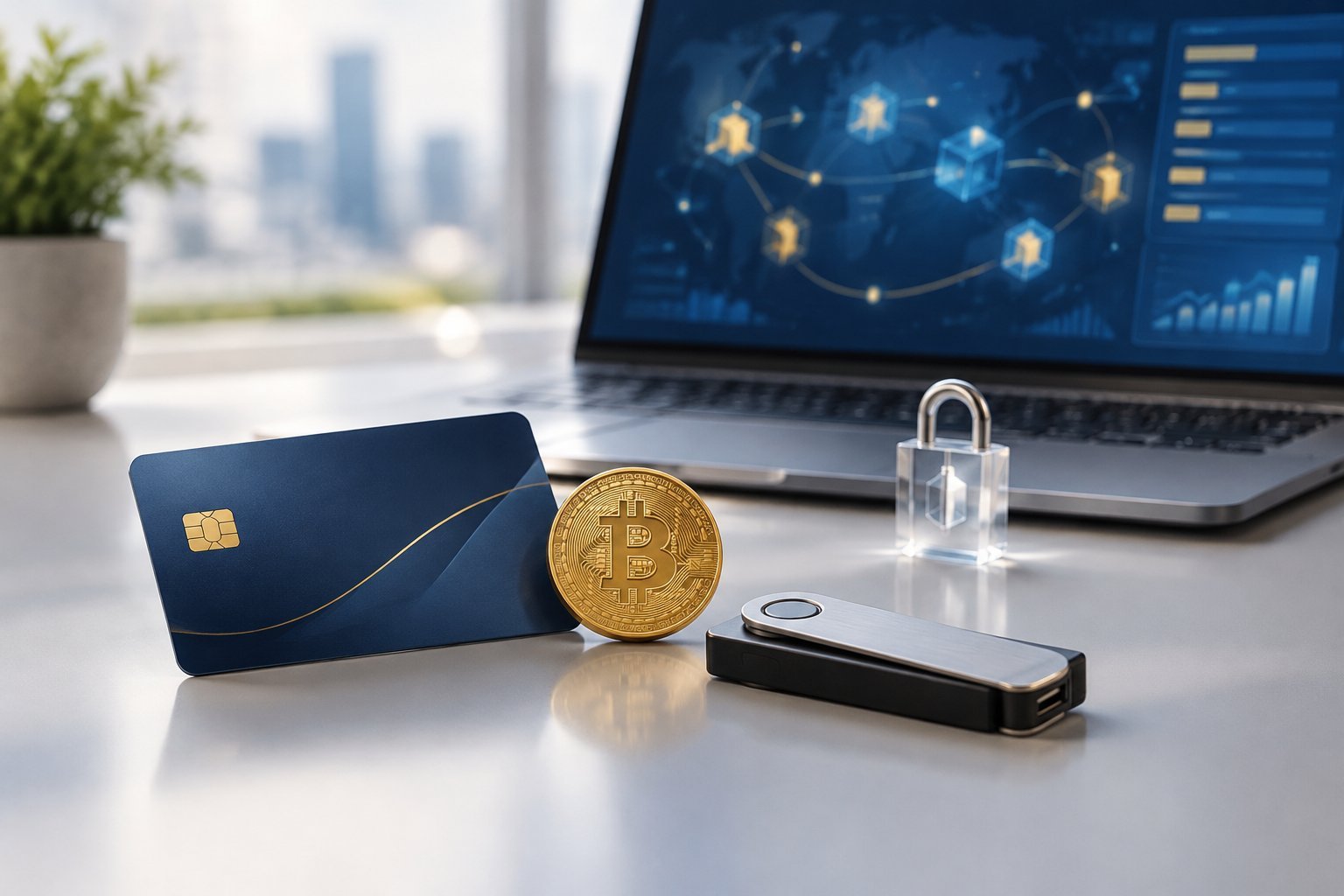 Bitcoin card custody illustrated by a payment card, Bitcoin coin, hardware wallet, security padlock and digital asset monitoring dashboard.