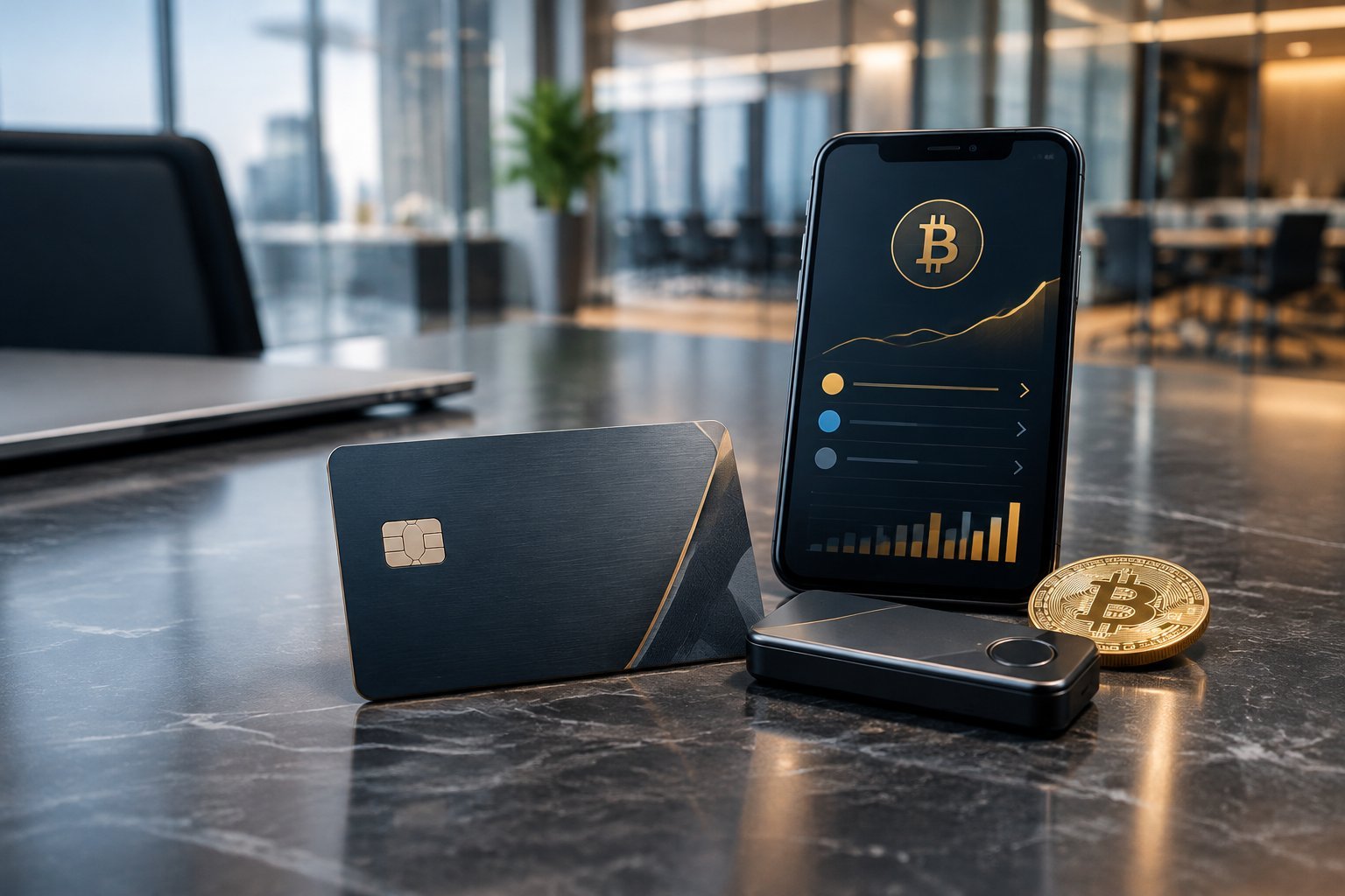 A payment card, smartphone, Bitcoin coin, and secure wallet arranged on a desk.