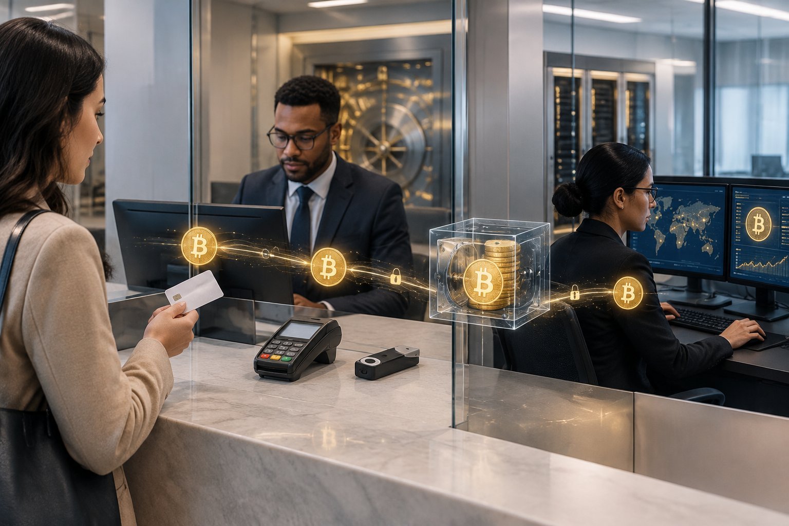 A customer, card issuer representative, and digital asset specialist coordinate around a payment card and secure financial systems.