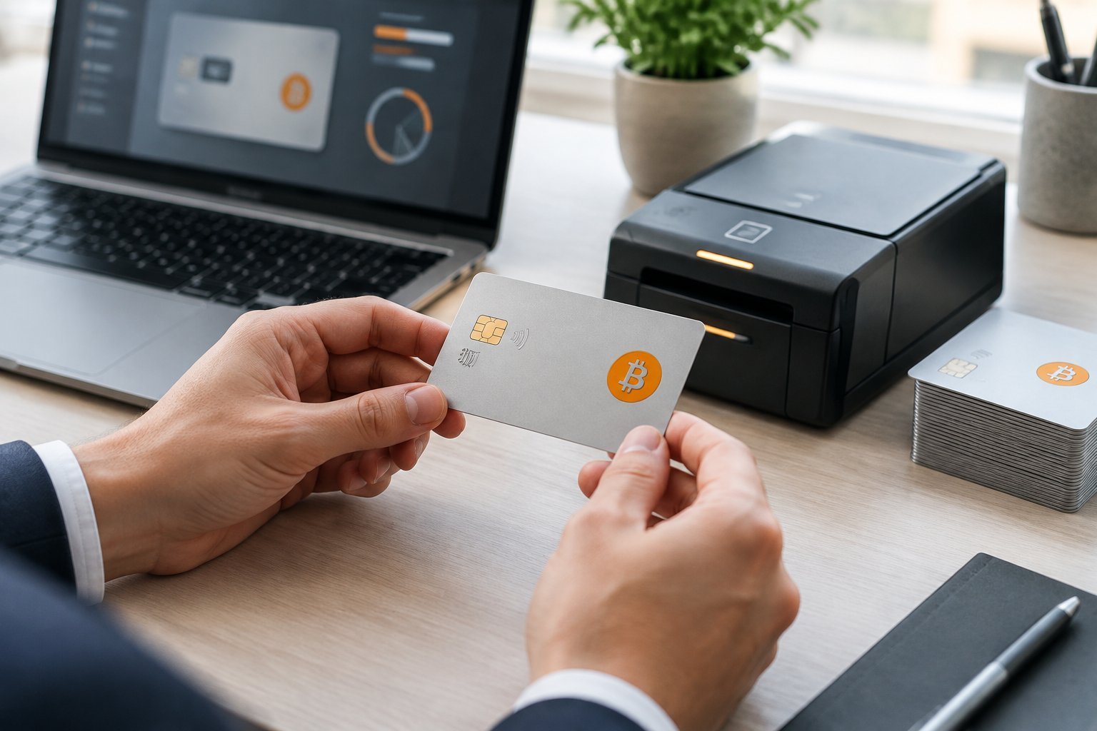 Bitcoin card issuing illustrated by a professional holding a Bitcoin payment card beside card production equipment and a laptop.