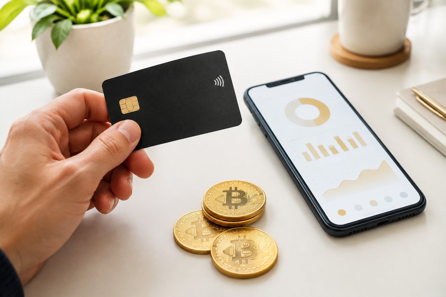 Bitcoin card rewards and cashback illustrated by a person holding a payment card beside a smartphone and Bitcoin coins.