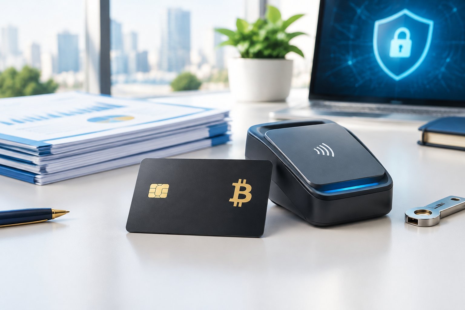 Bitcoin card compliance with a Bitcoin payment card, contactless reader and security controls.