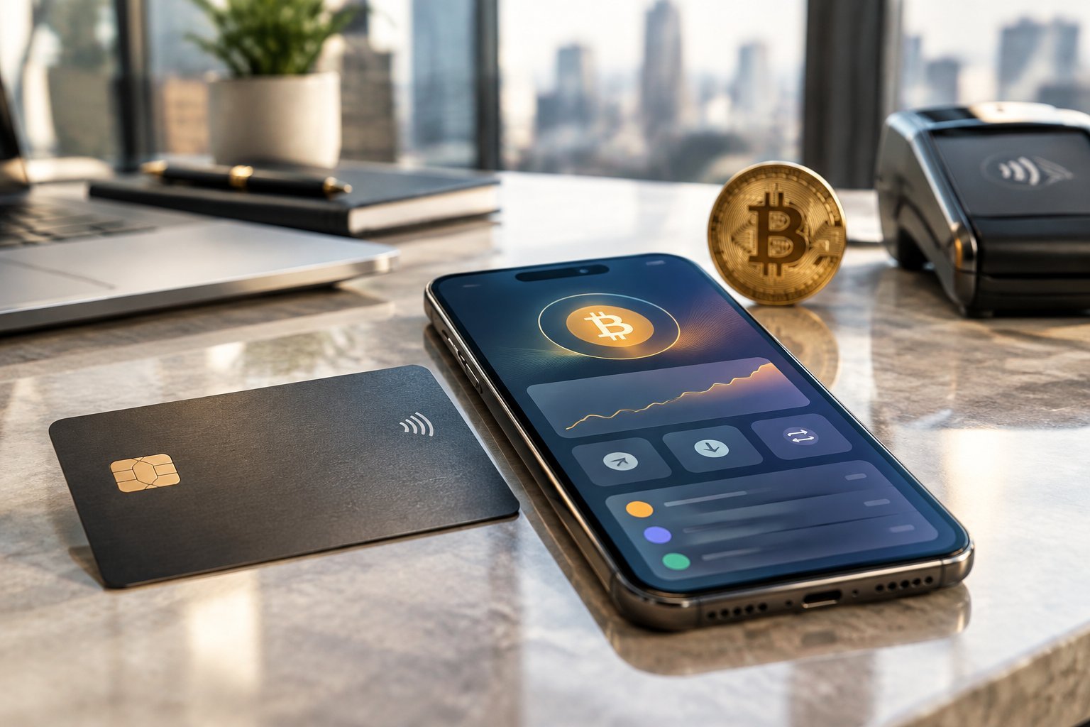 Bitcoin card industry outlook 2026 showing a payment card, Bitcoin wallet on a smartphone and contactless payment terminal.